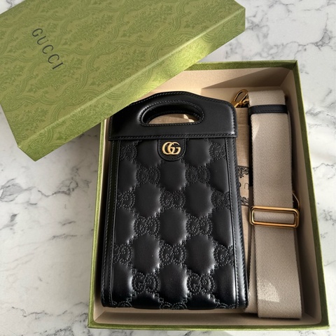 Gucci黑壓紋金雙G直立手提兩用包