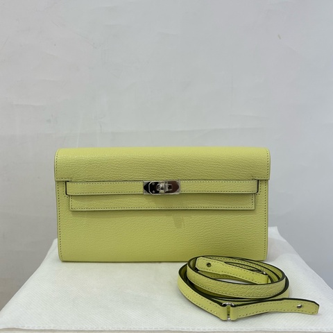 HERMES R9嫩芽黃山羊皮銀釦 Kelly Togo WOC