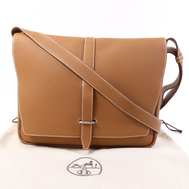 HERMES Togo皮革Steve Light Messenger銀扣肩背袋Gold-7