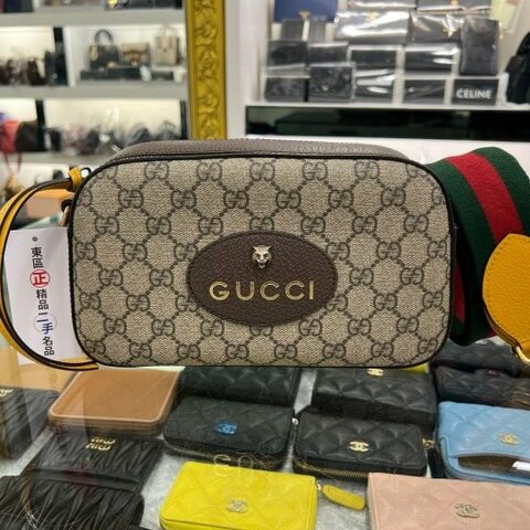 東區正精品㊣GUCCI 476466 咖啡色皮革拼PVC 虎頭 綠紅綠寬背帶斜背包肩背包相機包 RA1824