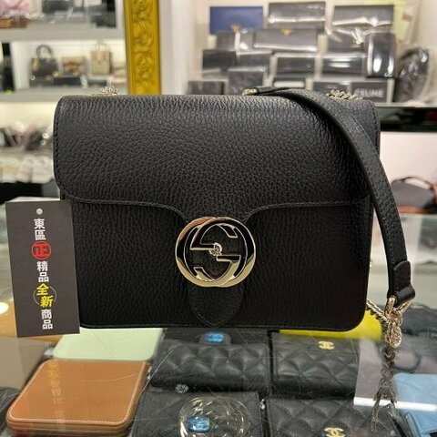 東區正精品㊣GUCCI 510304 近全新黑色全皮金扣金屬雙G壓釦式斜背包鍊包 RA1820