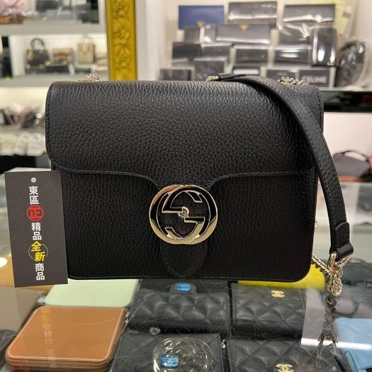 東區正精品㊣GUCCI 510304 近全新黑色全皮金扣金屬雙G壓釦式斜背包鍊包 RA1820-0