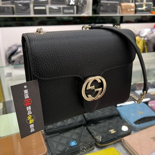 東區正精品㊣GUCCI 510304 近全新黑色全皮金扣金屬雙G壓釦式斜背包鍊包 RA1820-1