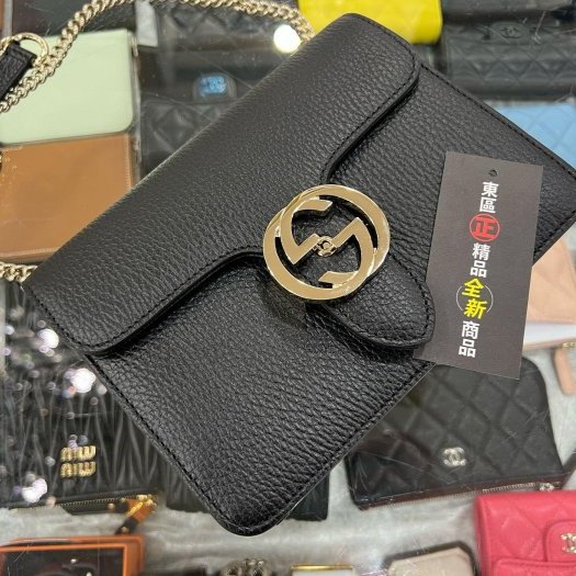 東區正精品㊣GUCCI 510304 近全新黑色全皮金扣金屬雙G壓釦式斜背包鍊包 RA1820-2
