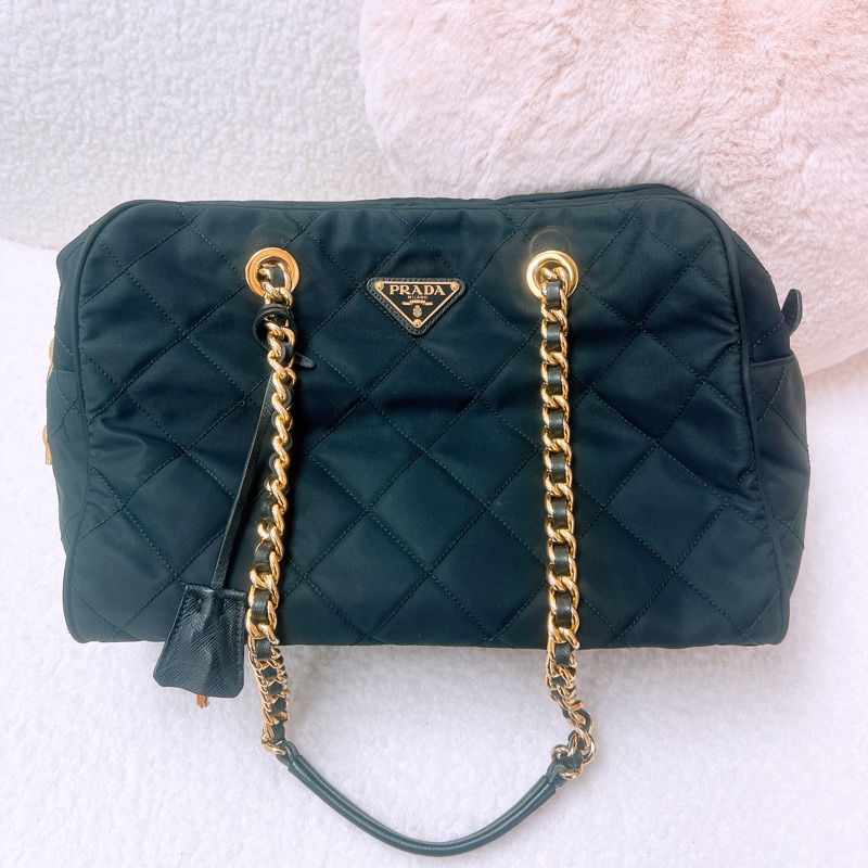 Prada 黑金菱格尼龍托特包/鏈條肩背包-0