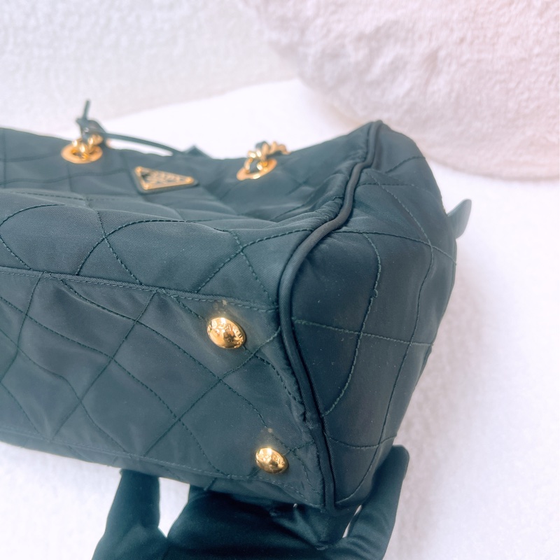 Prada 黑金菱格尼龍托特包/鏈條肩背包-2