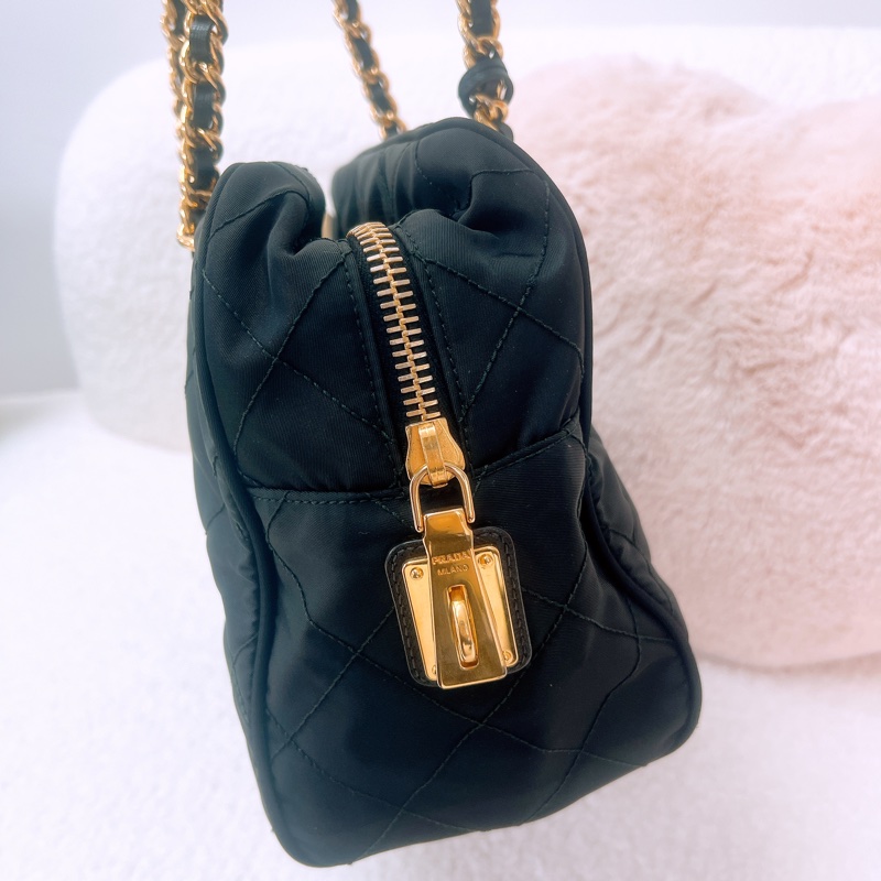 Prada 黑金菱格尼龍托特包/鏈條肩背包-4