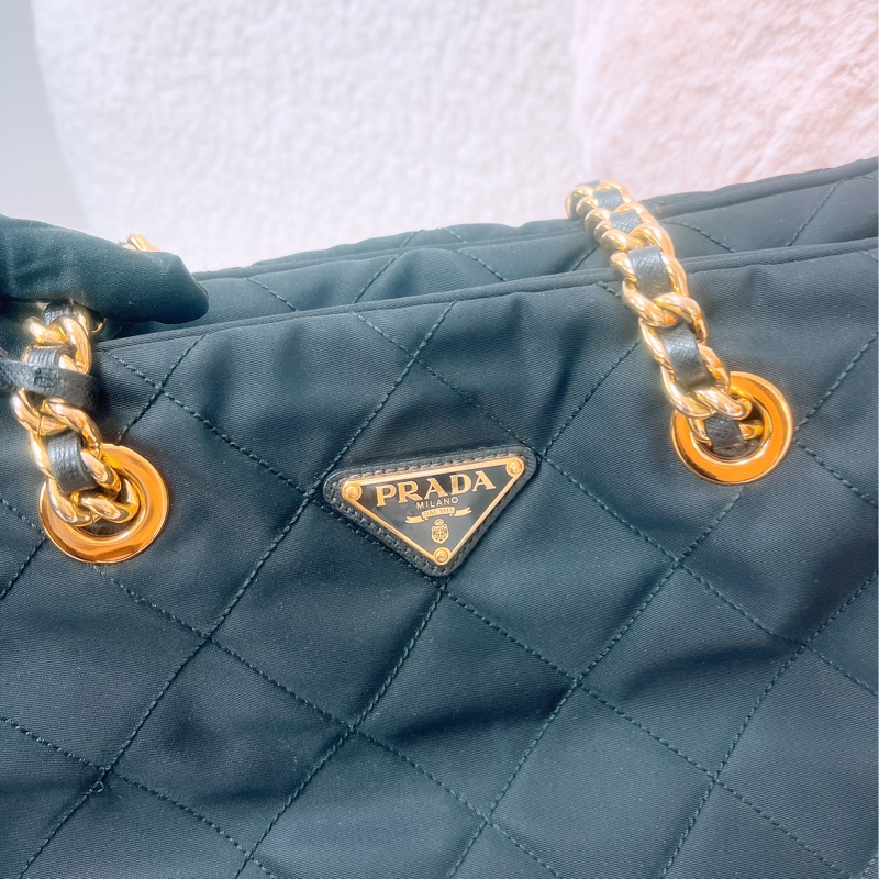 Prada 黑金菱格尼龍托特包/鏈條肩背包-6