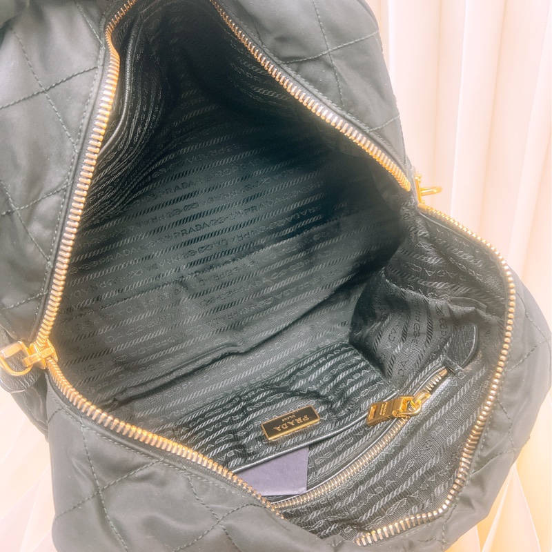 Prada 黑金菱格尼龍托特包/鏈條肩背包-13