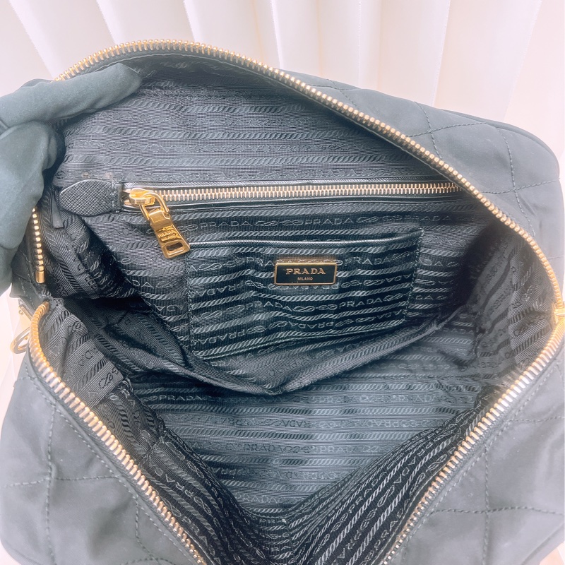 Prada 黑金菱格尼龍托特包/鏈條肩背包-14