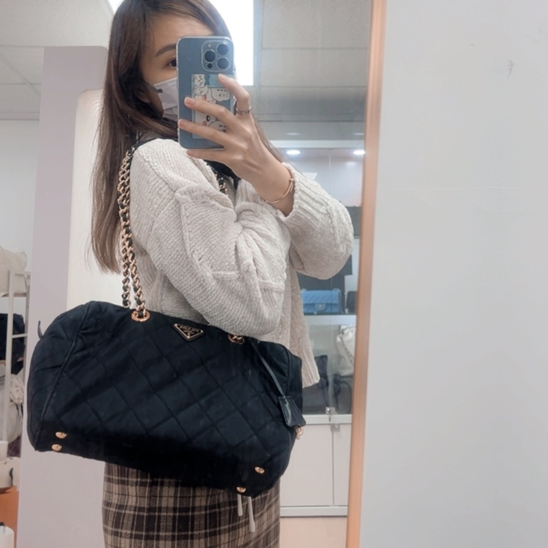Prada 黑金菱格尼龍托特包/鏈條肩背包-16