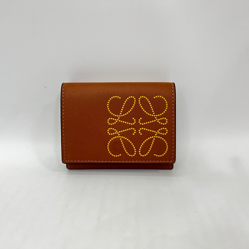 Loewe 焦糖牛皮黃點logo內芥末黃6卡3折短夾-0