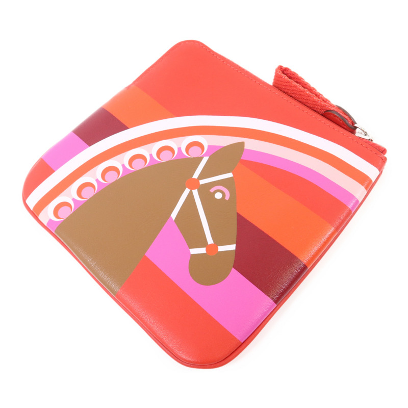 HERMES Swift皮革Carre Pocket Pouch銀扣小袋Rouge De Coeur-3