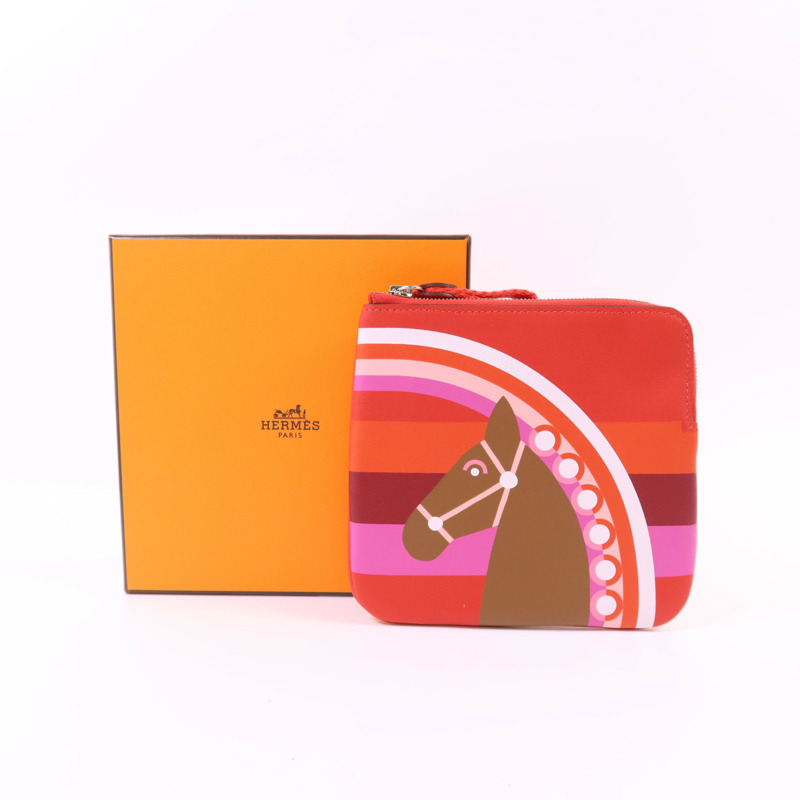 HERMES Swift皮革Carre Pocket Pouch銀扣小袋Rouge De Coeur-12
