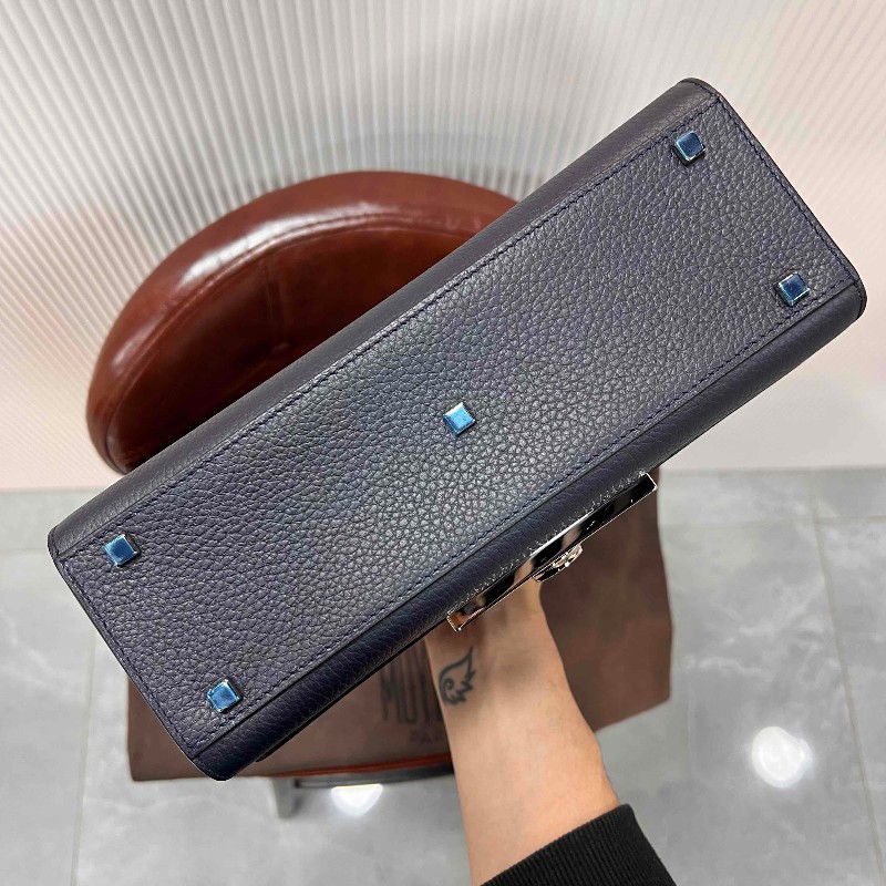 MOYNAT Rejane 中號經典手提單肩斜挎包 聖杯藍 銀扣-12