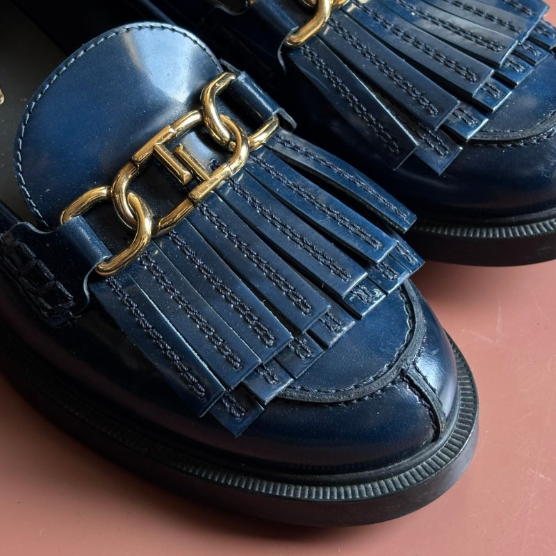 ::TOD'S:: T字鍊飾流蘇牛皮厚底樂福鞋 牛津鞋子 (藍色) 36號-5