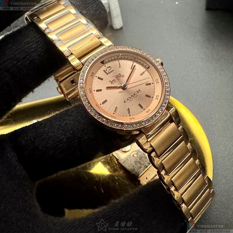 COACH手錶,編號CH00257,30mm玫瑰金圓形精鋼錶殼,玫瑰金色簡約, 中三針顯示錶面,玫瑰金色精鋼錶帶款-1