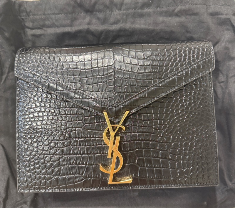 SAINT LAURENT 黑亮面 鱷魚壓紋 鍊條包 金色鏈條 肩背包 側背包 近全新未使用-0