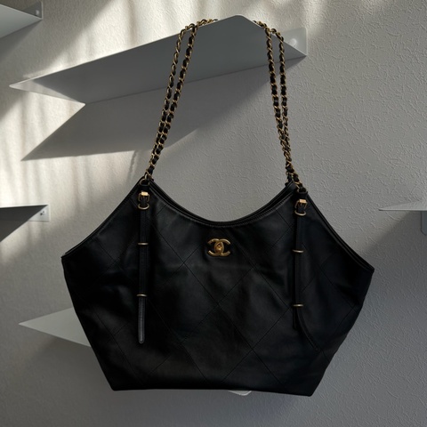 黑色大菱格紋皮革金雙C肩背包 托特包 上班包媽媽包