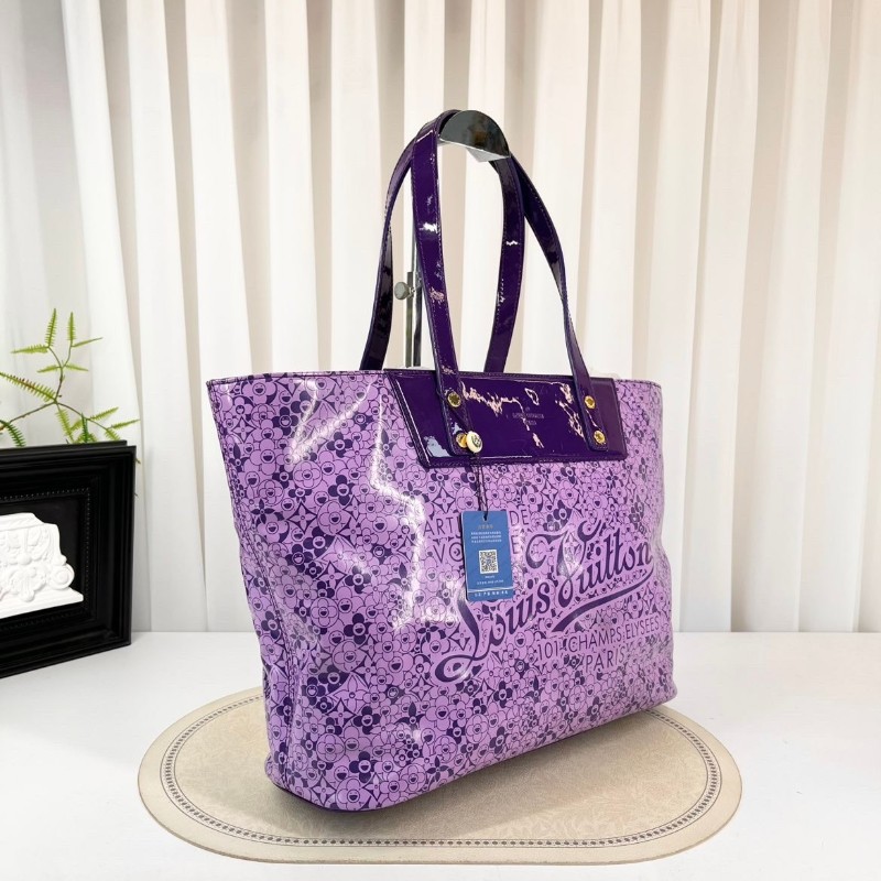 LV 限定絕版村上隆合作款太陽花漆皮Tote手袋 香芋紫色-3