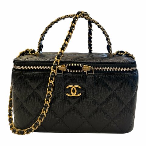 chanel 黑金荔枝紋皮穿提把化妝箱斜背包