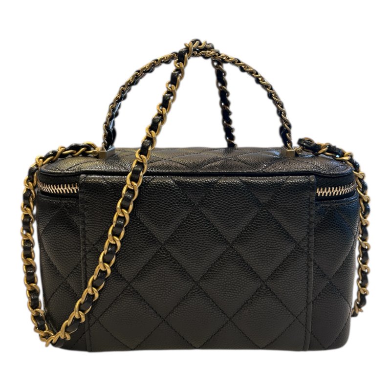 chanel 黑金荔枝紋皮穿提把化妝箱斜背包-1