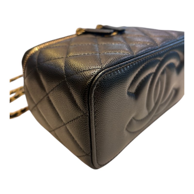 chanel 黑金荔枝紋皮穿提把化妝箱斜背包-4