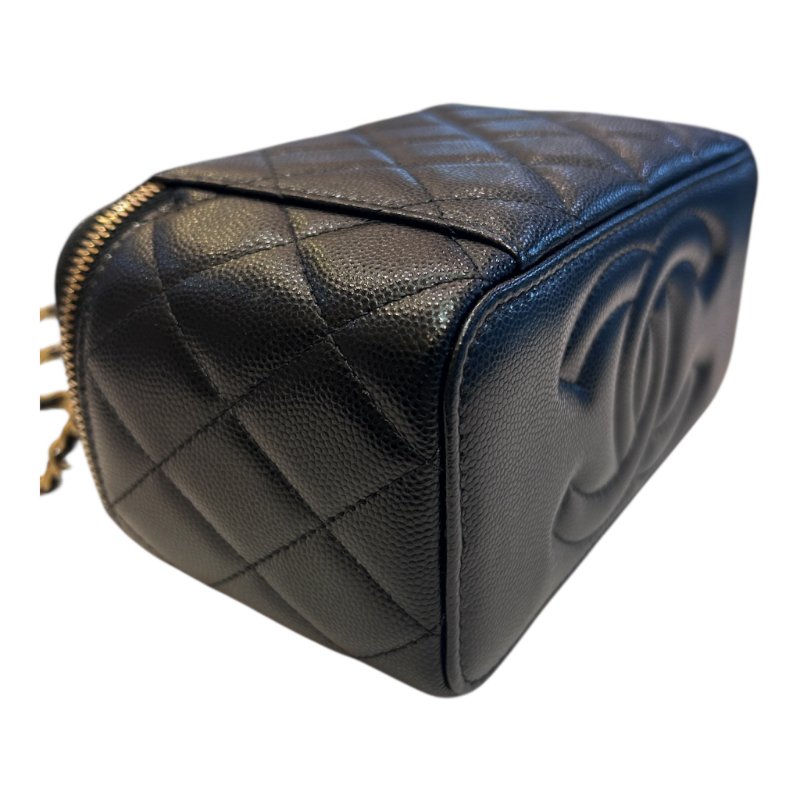 chanel 黑金荔枝紋皮穿提把化妝箱斜背包-6