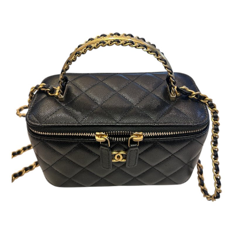 chanel 黑金荔枝紋皮穿提把化妝箱斜背包-7