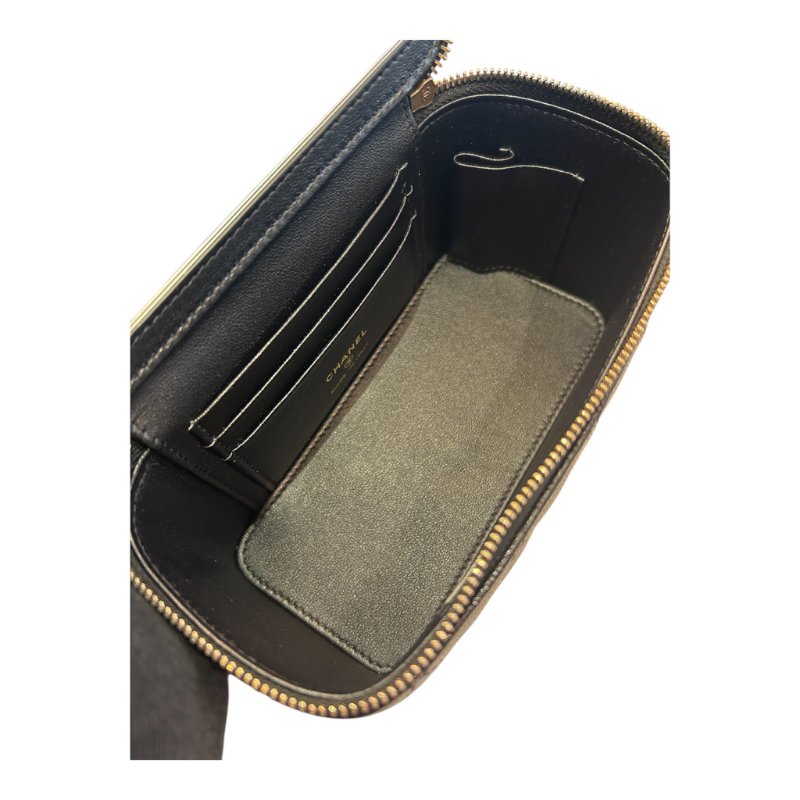 chanel 黑金荔枝紋皮穿提把化妝箱斜背包-9