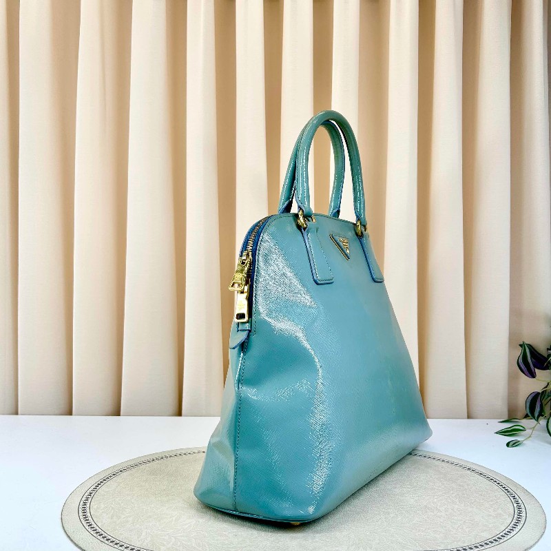 Prada藍色經典貝殼包 十字紋亮面牛皮 防水耐磨-4