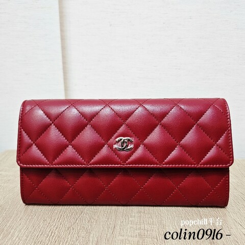 [超有品味款☺️實品超美] Chanel深紅羊皮菱格銀釦長夾