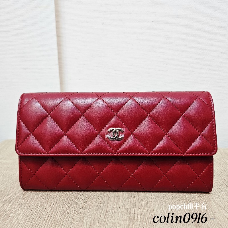 [超有品味款☺️實品超美] Chanel深紅羊皮菱格銀釦長夾-0