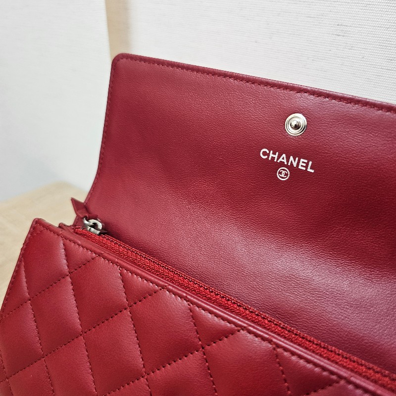 [超有品味款☺️實品超美] Chanel深紅羊皮菱格銀釦長夾-12