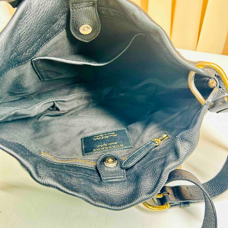 Burberry 黑色牛皮拼格紋肩背包斜背包-5