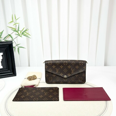 Louis Vuitton 經典老花 帆布拼牛皮 三合一鏈條包