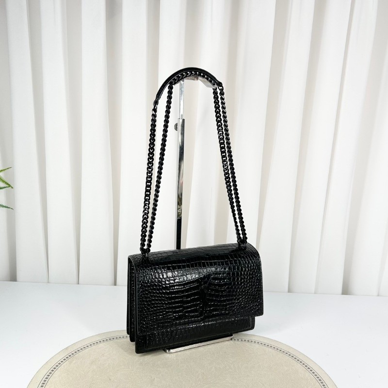 YSL Sunset日落包 黑銀 鱷魚壓紋 肩背包斜背包-3