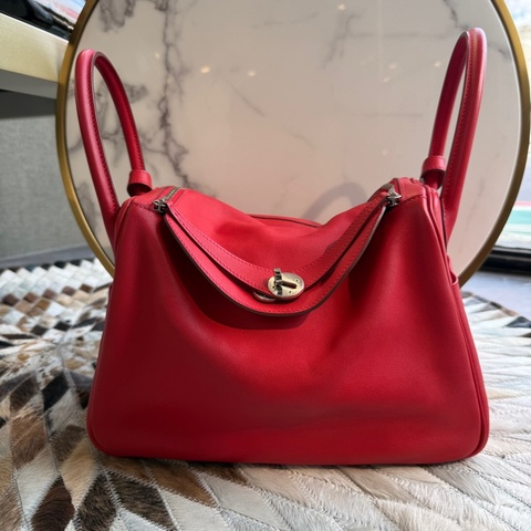 HERMESLINDY30 Swift皮 紅銀X刻 手提肩背包