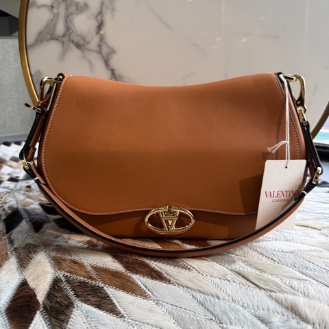 Valentino 全皮革馬鞍包HOBO兩用包焦糖色bag