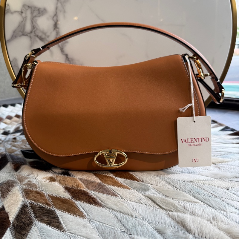 Valentino 全皮革馬鞍包HOBO兩用包焦糖色bag-1