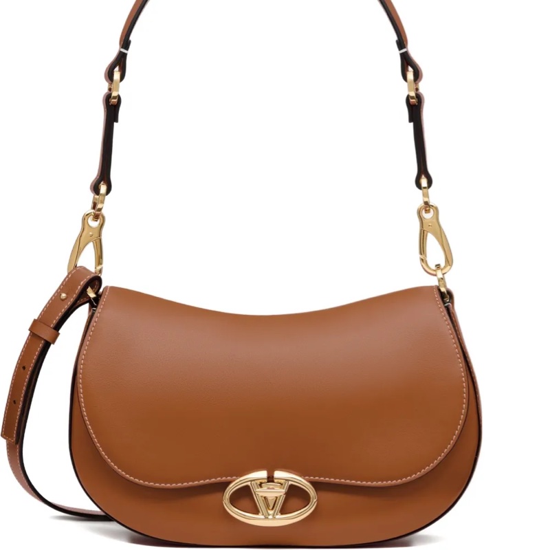 Valentino 全皮革馬鞍包HOBO兩用包焦糖色bag-6
