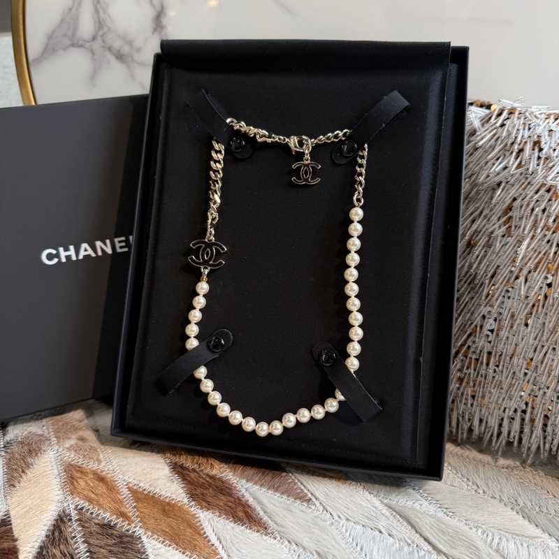 CHANEL珍珠配黑琺瑯 淡金色項鍊 全新品 可調-0