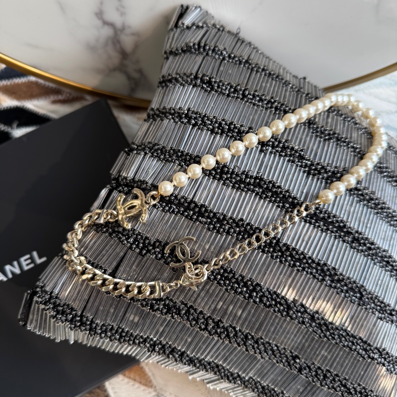 CHANEL珍珠配黑琺瑯 淡金色項鍊 全新品 可調-4