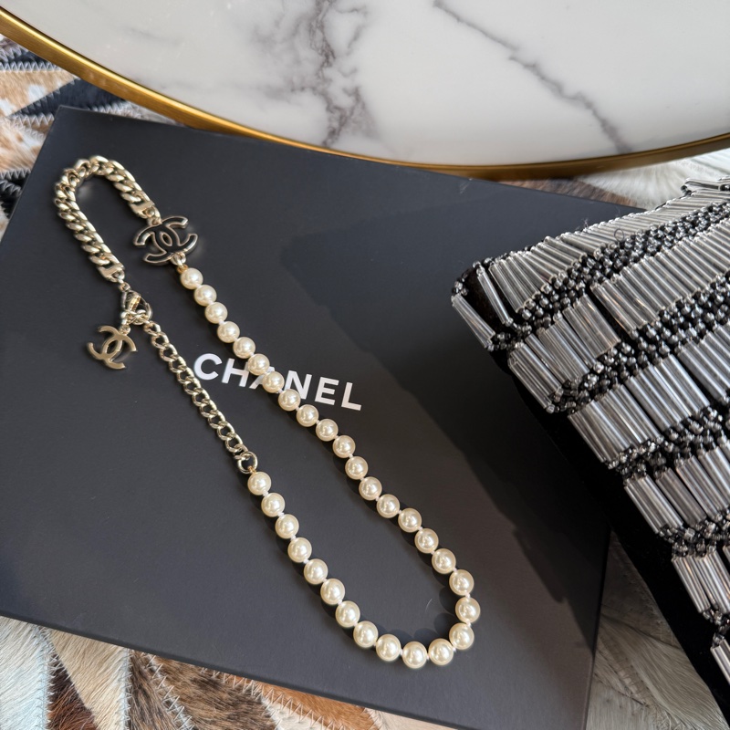 CHANEL珍珠配黑琺瑯 淡金色項鍊 全新品 可調-5