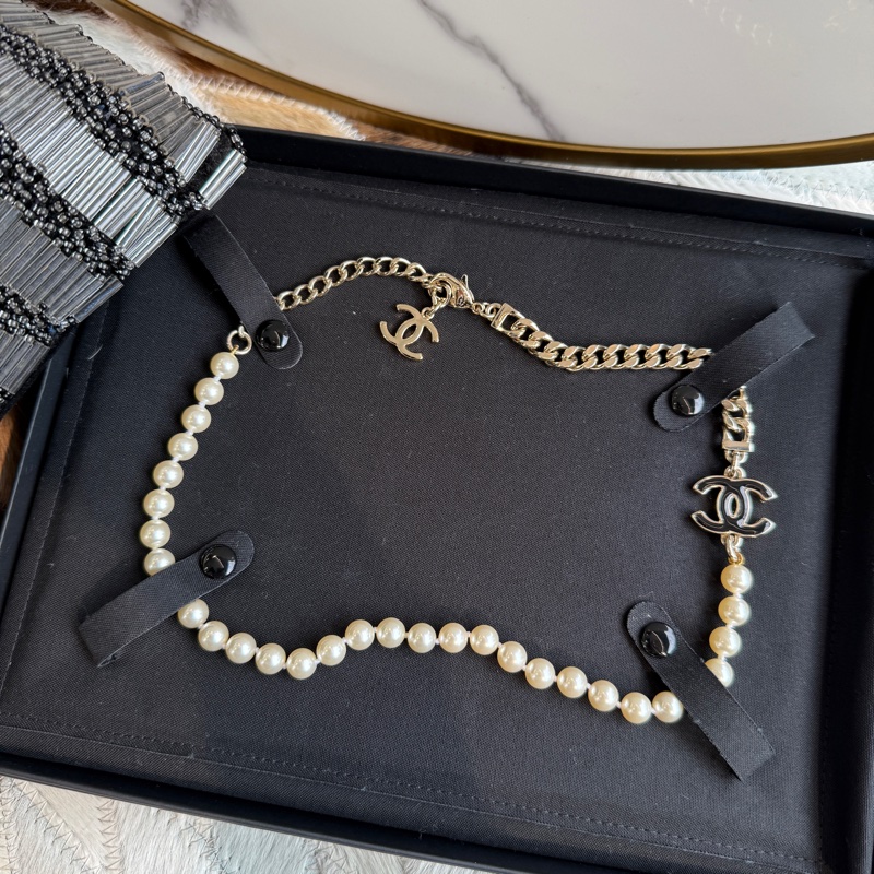 CHANEL珍珠配黑琺瑯 淡金色項鍊 全新品 可調-6