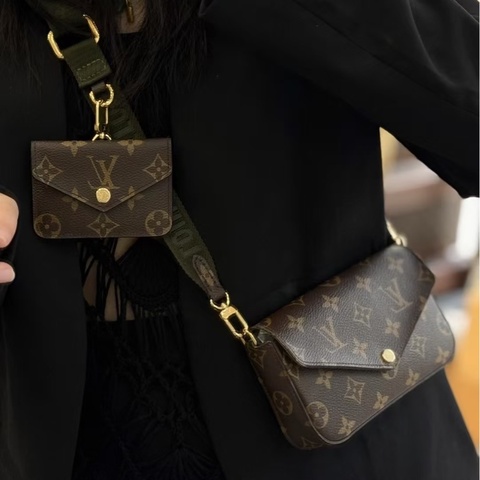 🥨絕版孤品路易威登 Felicie strap go LV原花拼綠背帶二合一麻將包M80091
