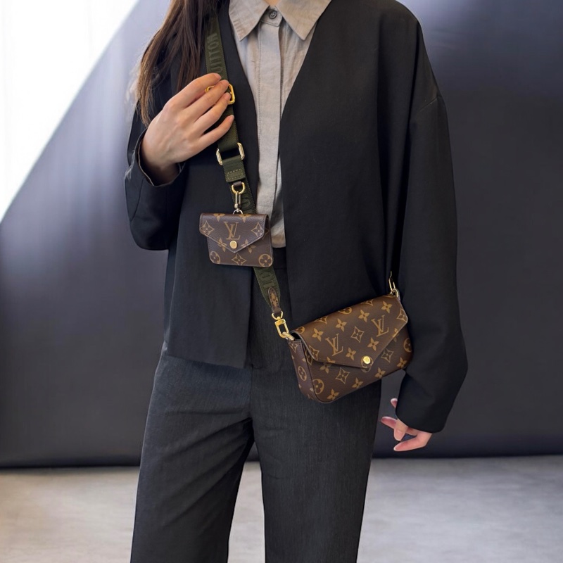 🥨絕版孤品路易威登 Felicie strap go LV原花拼綠背帶二合一麻將包M80091-1