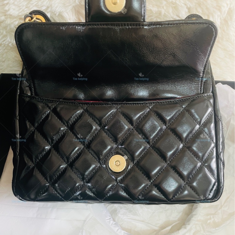 全新25C Chanel 天貓精靈包 黑金中號油臘牛皮,芯片款-8