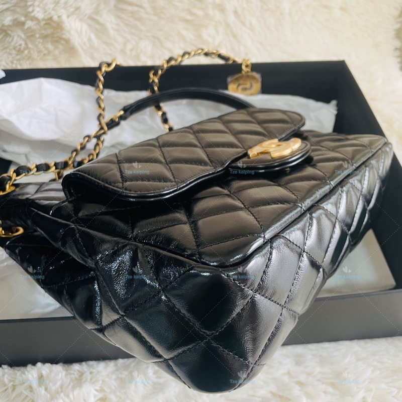 全新25C Chanel 天貓精靈包 黑金中號油臘牛皮,芯片款-9