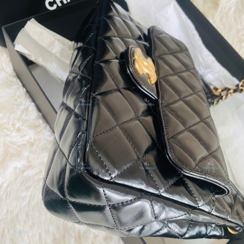 全新25C Chanel 天貓精靈包 黑金中號油臘牛皮,芯片款-10